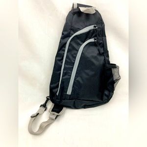 Slim black+gray nylon crossbody Hiking Bag w/ water bottle + cellphone pockets